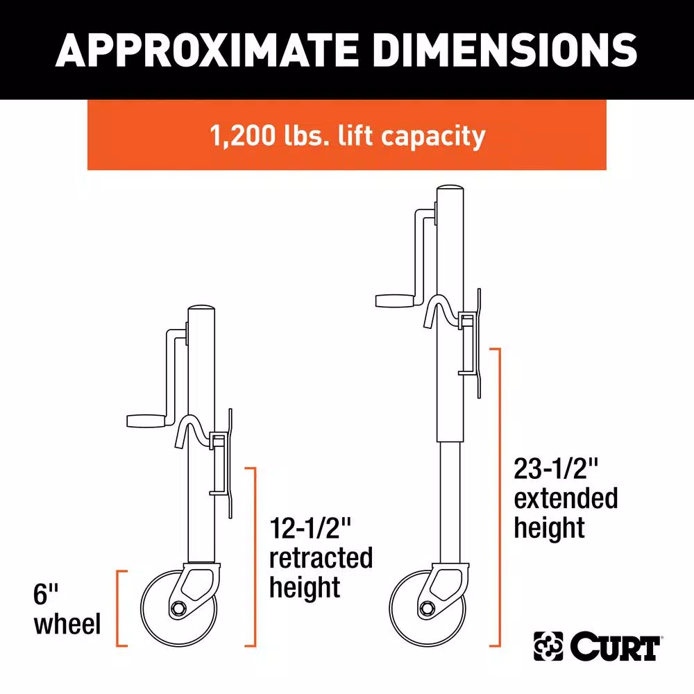 CURT Marine Trailer Jack with 6" Wheel, 1,200 lbs. Capacity, 10" Travel