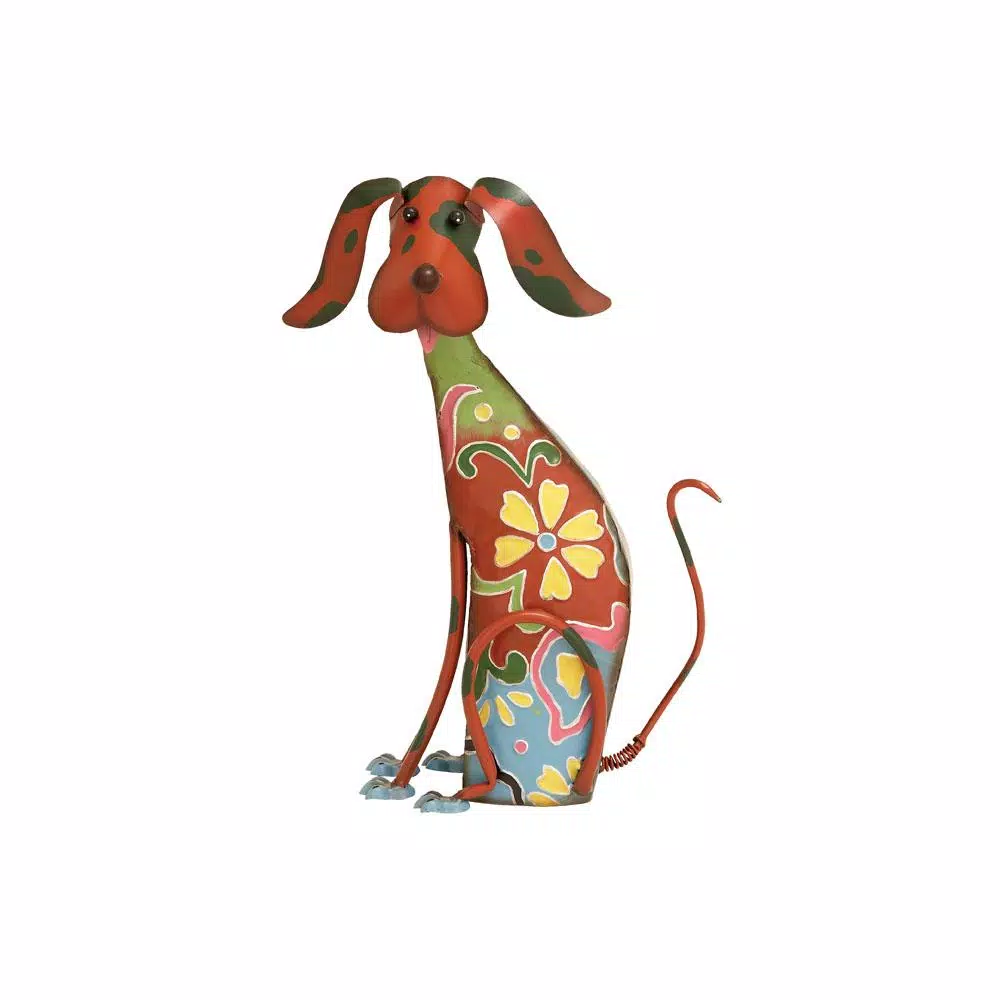 LITTON LANE Whimsical Dog Iron Sculpture with Floral Botanical Details and Wagging Spring Tail