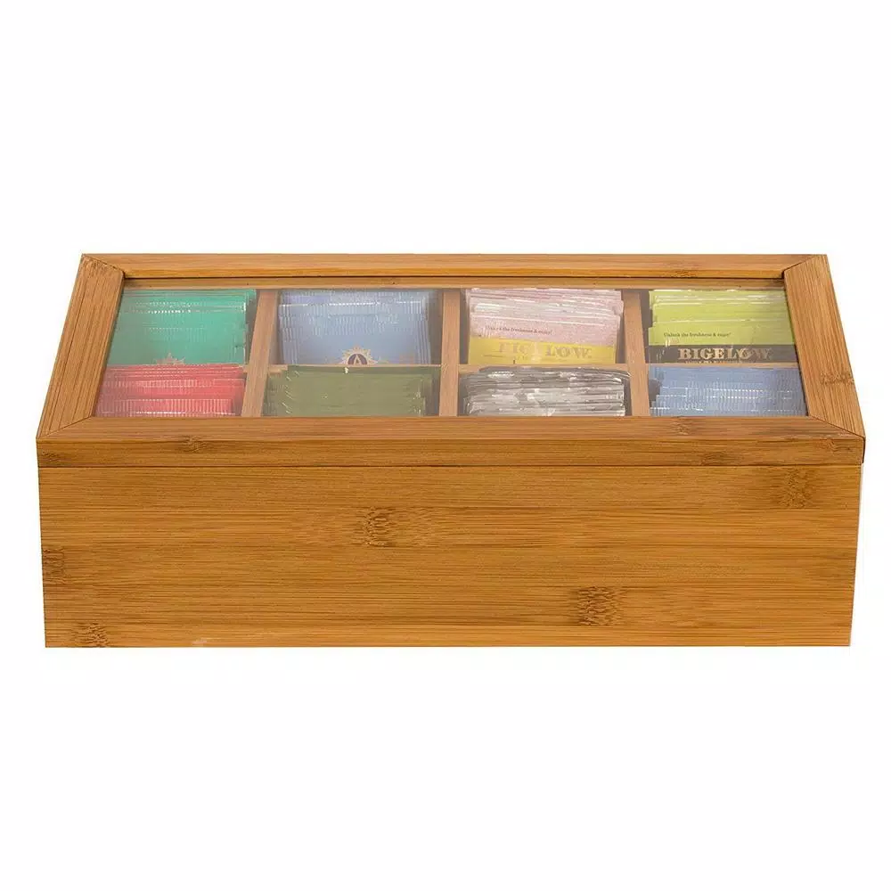 Unbranded Natural Bamboo Tea Storage Box with Transparent View Window, 120+ Tea Bag Capacity