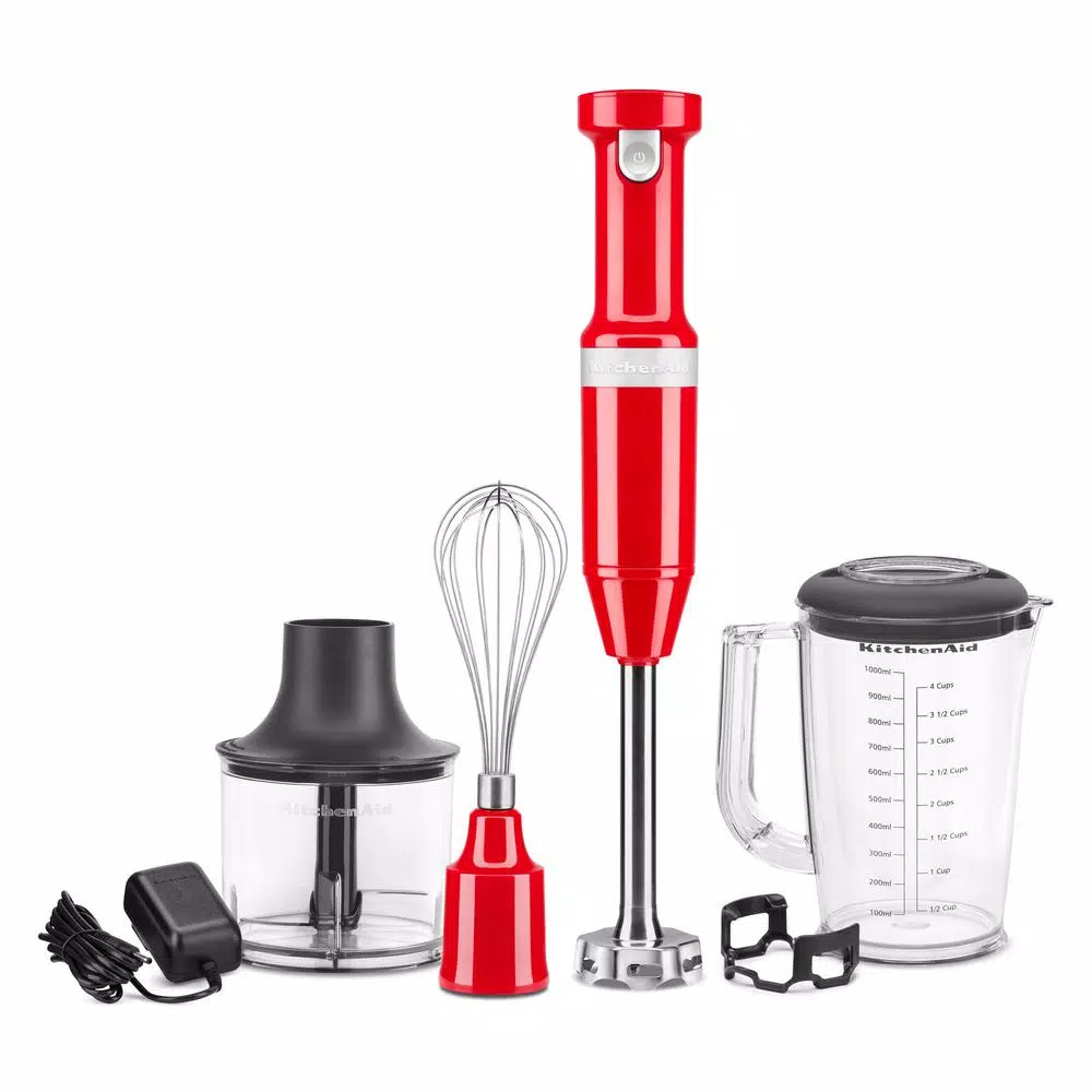 KitchenAid Cordless Variable Speed Hand Blender with Chopper and Whisk Attachments, Passion Red