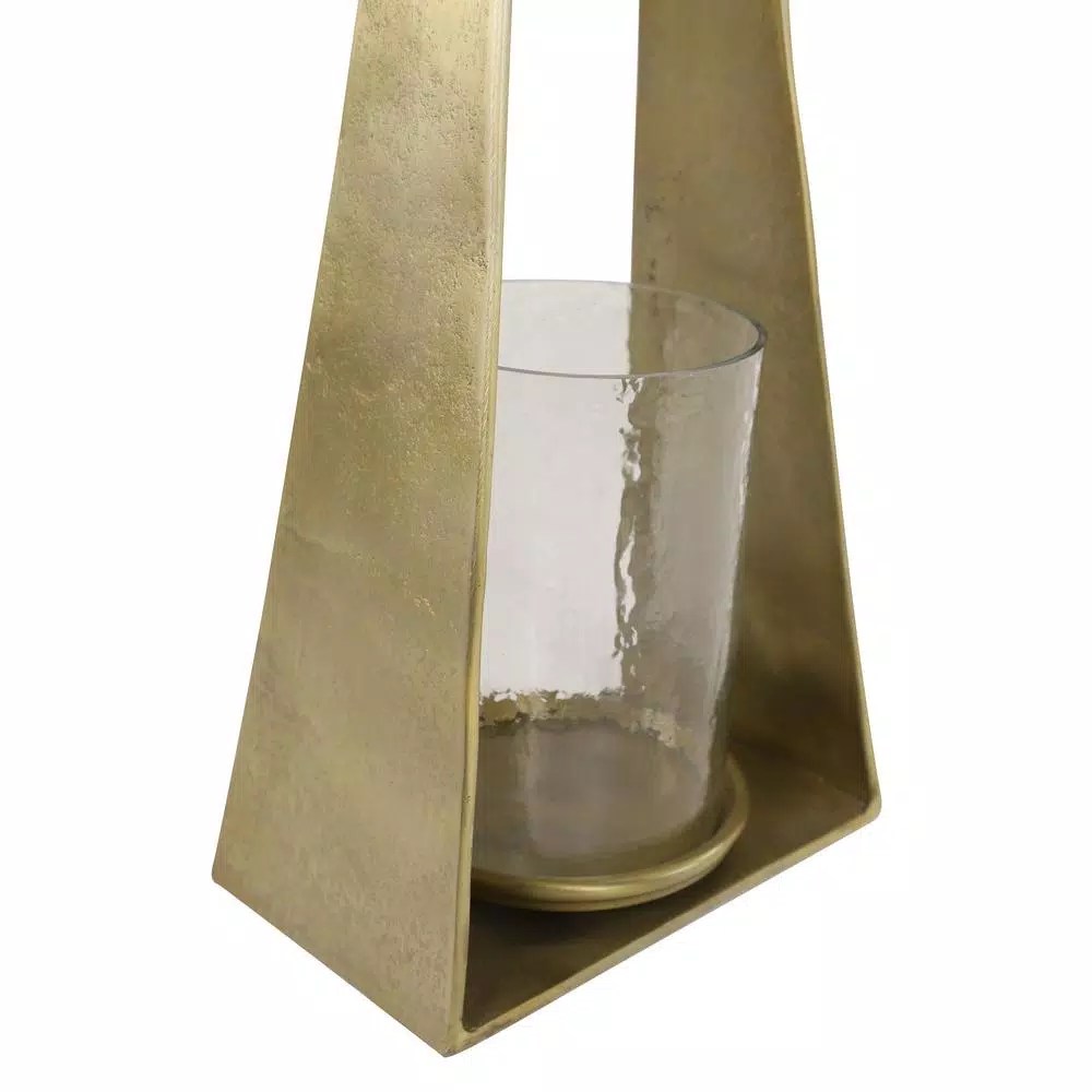 LITTON LANE Large Modern Gold Metal Triangular Candle Holder with Textured Hurricane Glass