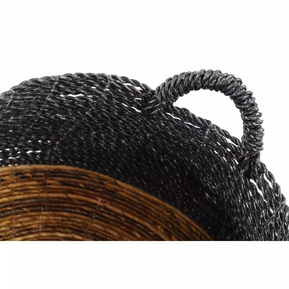 LITTON LANE Round Banana Leaf and Polypropylene Wicker Storage Baskets with Handles, Set of 2
