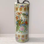 Unbranded Oriental Furniture 24 in. White Satsuma Porcelain Umbrella Stand & Floor Vase with Peacock Design thumbnail 1