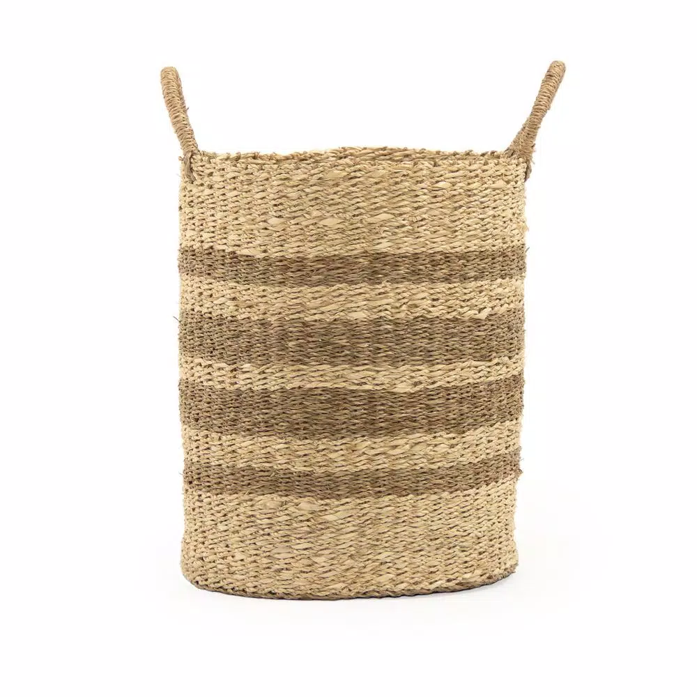 Zentique Handmade Woven Seagrass and Palm Leaf Wicker Basket with Handles, Medium, Beige and Brown Striped