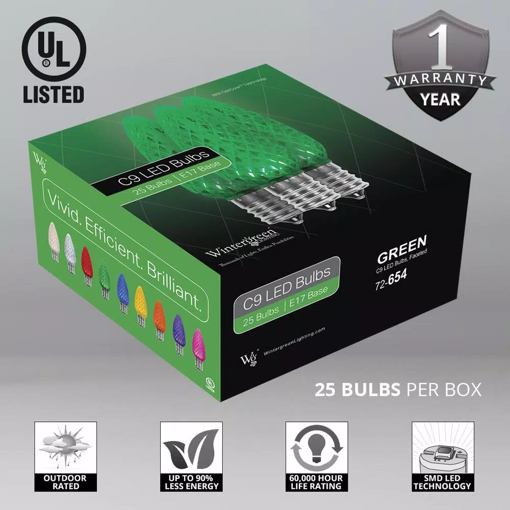 Wintergreen Lighting OptiCore C9 LED Green Faceted Christmas Light Bulbs, 25-Pack, E17 Base