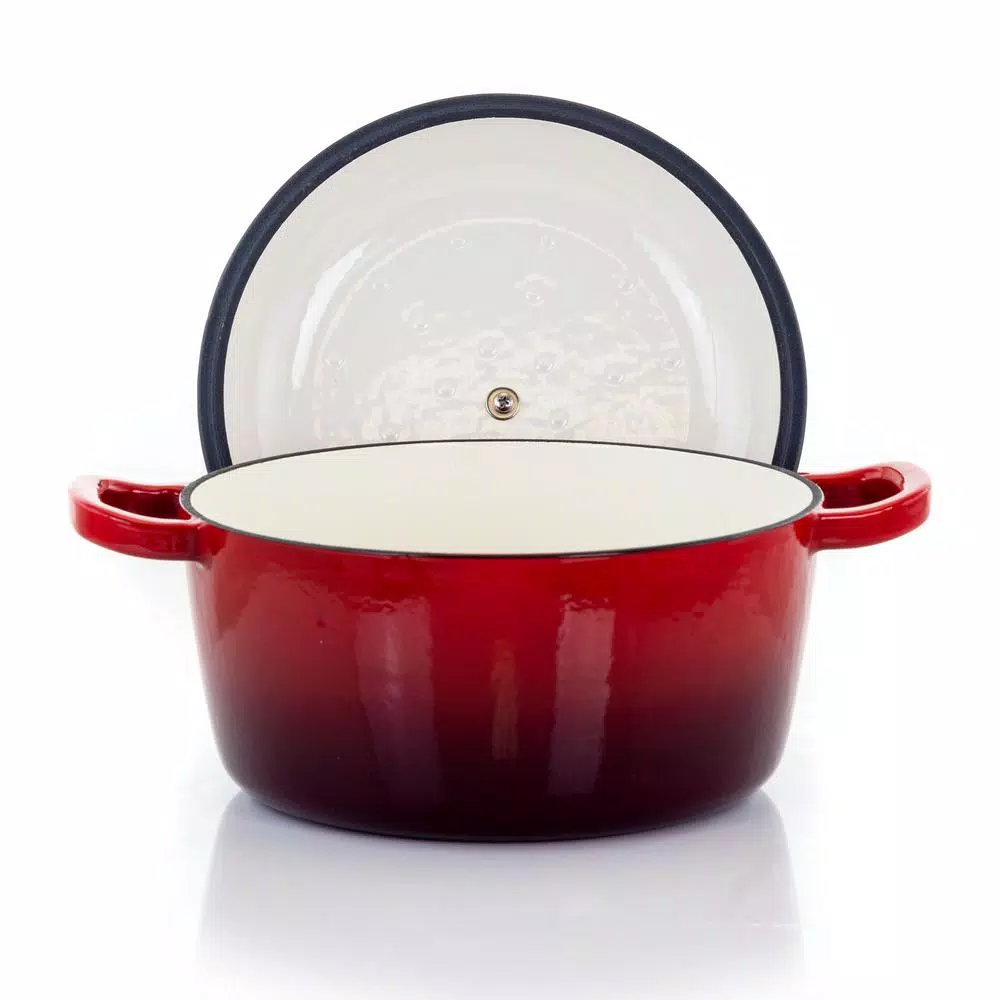 MegaChef 5 Qt. Round Enameled Cast Iron Casserole Dish with Lid, Red