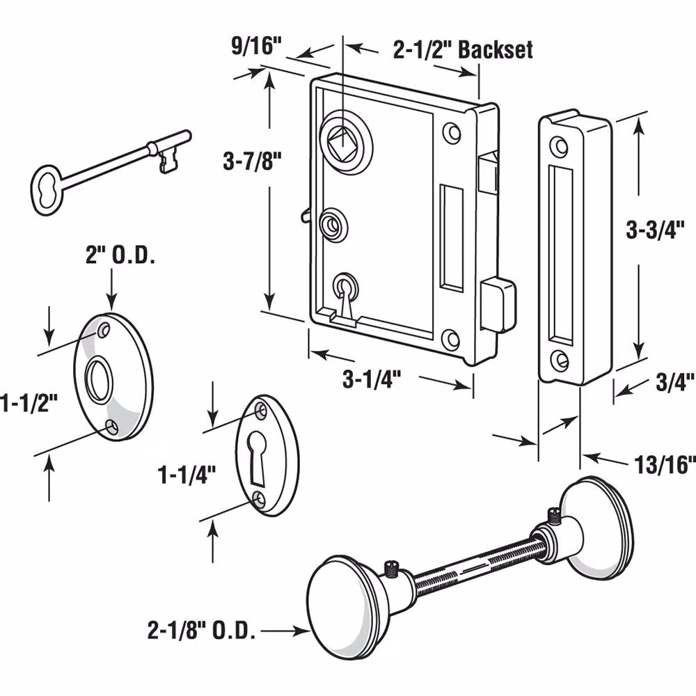 Prime-Line Antique Style Vertical Trim Lock Set, Brass Plated Cast Steel Knobs, 2-1/2 in. Backset