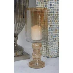 LITTON LANE Gold-Tinged Glass Cylinder Hurricane Candle Holder with Fluted Stacked Ball Post thumbnail 1