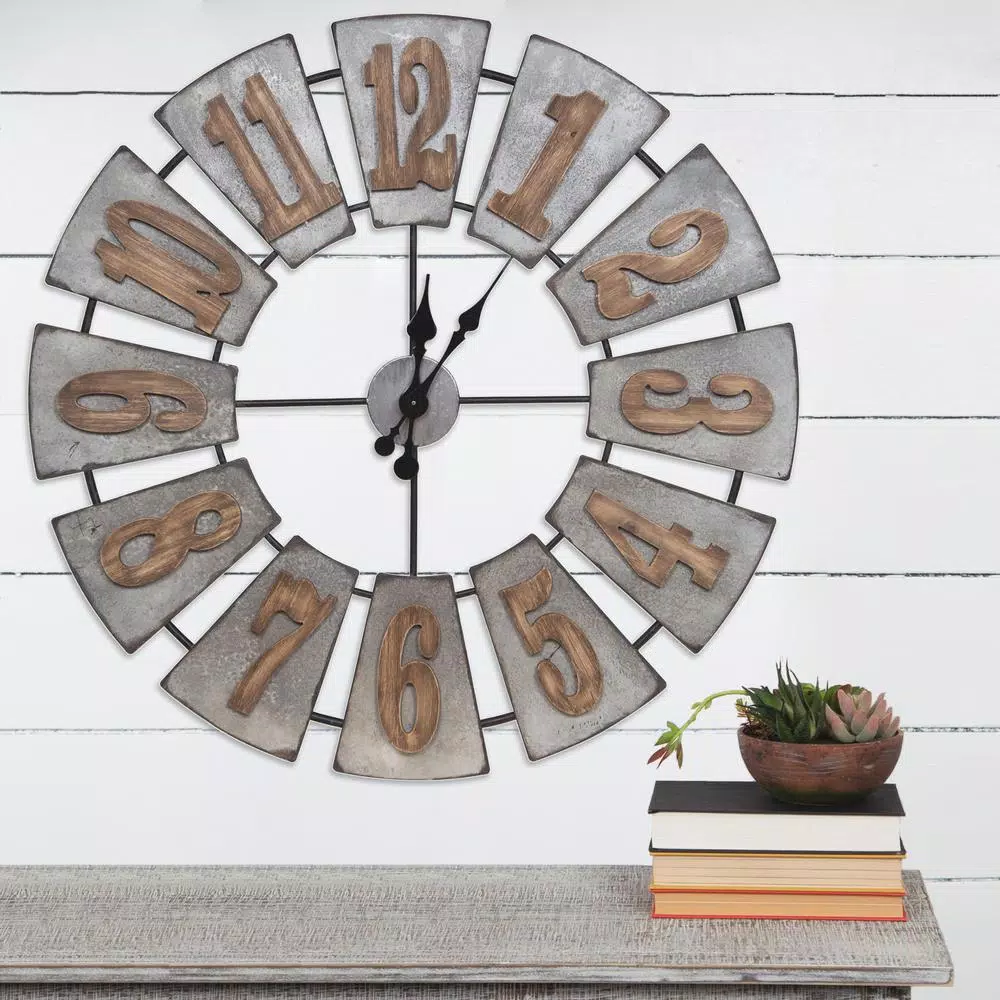 Pinnacle Gallery Solutions Oversized Windmill Wall Clock - Distressed Silver Metal and Wood