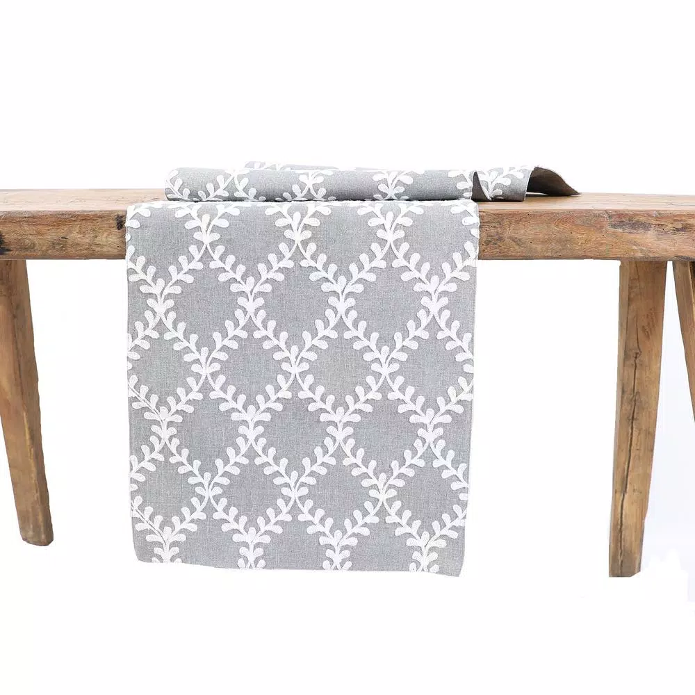 Manor Luxe Piluki Leaf Crewel Embroidered Table Runner, Gray, 15 in. x 108 in.