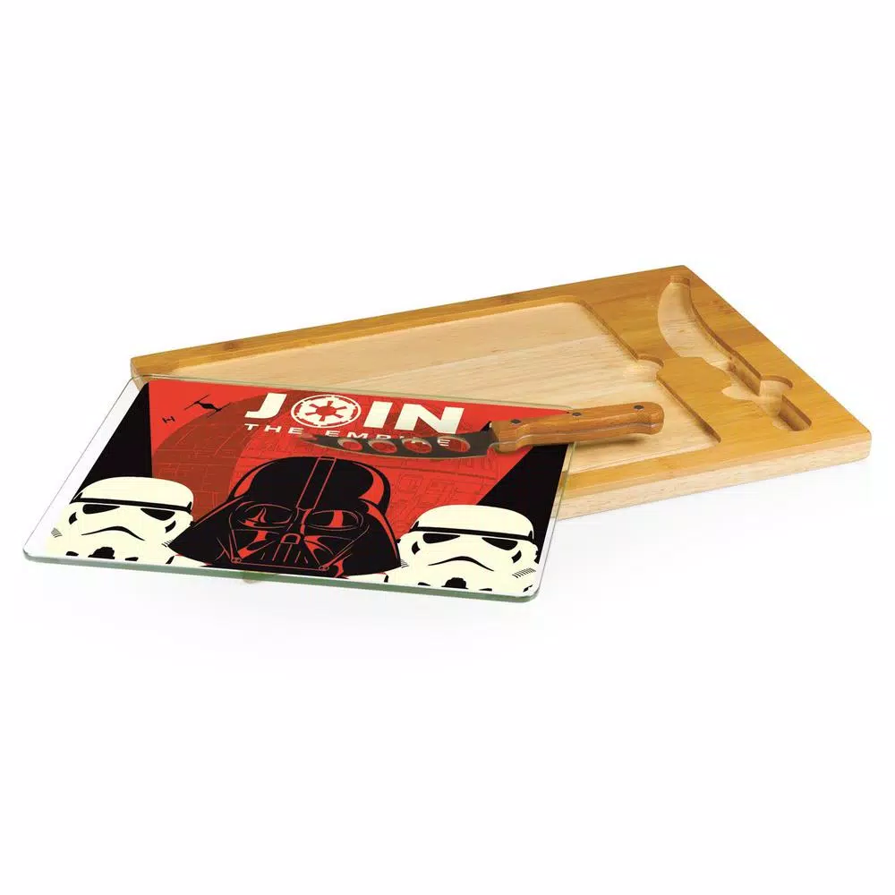 TOSCANA Empire Icon 15.4 in. Rubberwood and Bamboo Glass Top Serving Tray and Cheese Knife Set