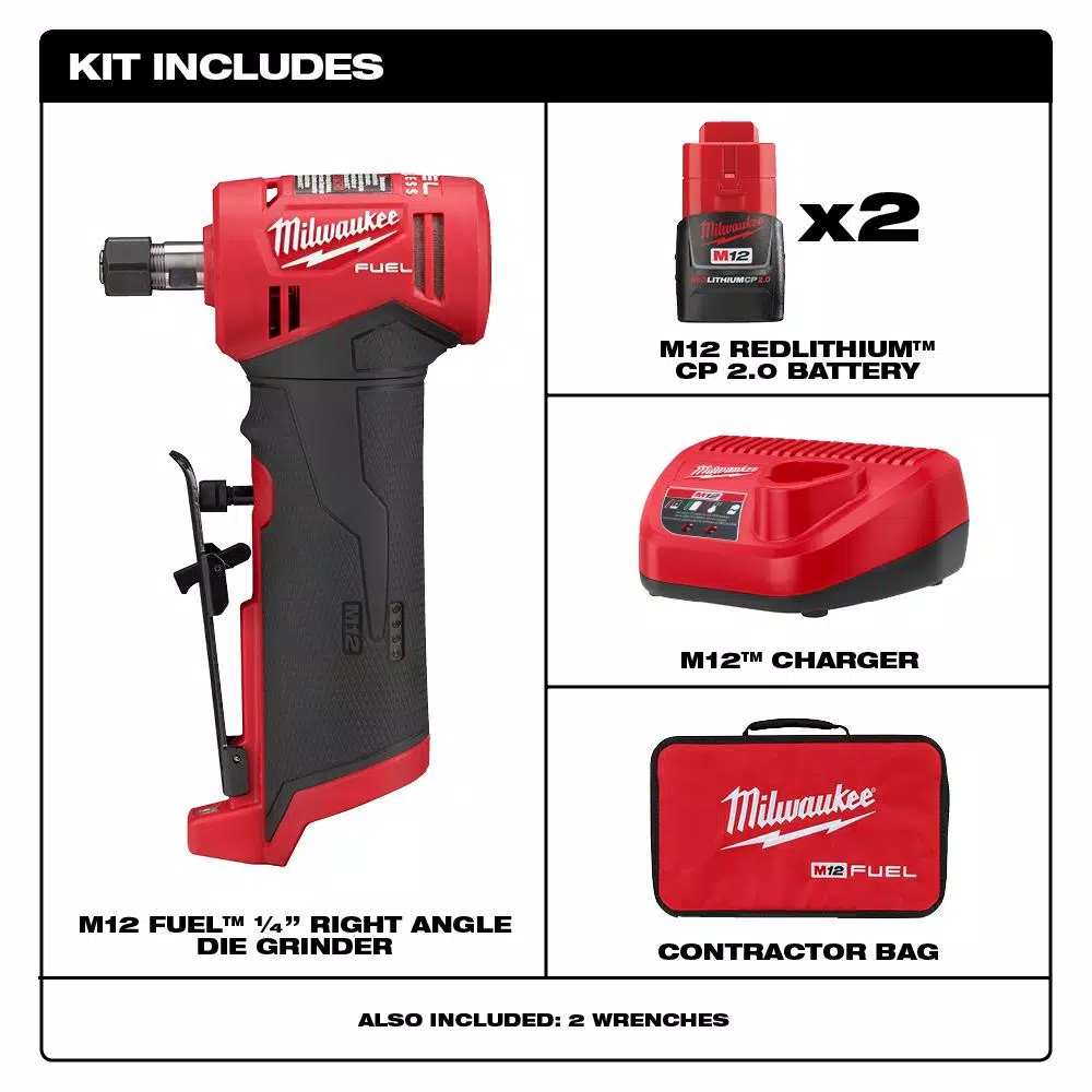 Milwaukee M12 FUEL 12V Brushless Right Angle Die Grinder Kit w/ (2) 2.0Ah Batteries