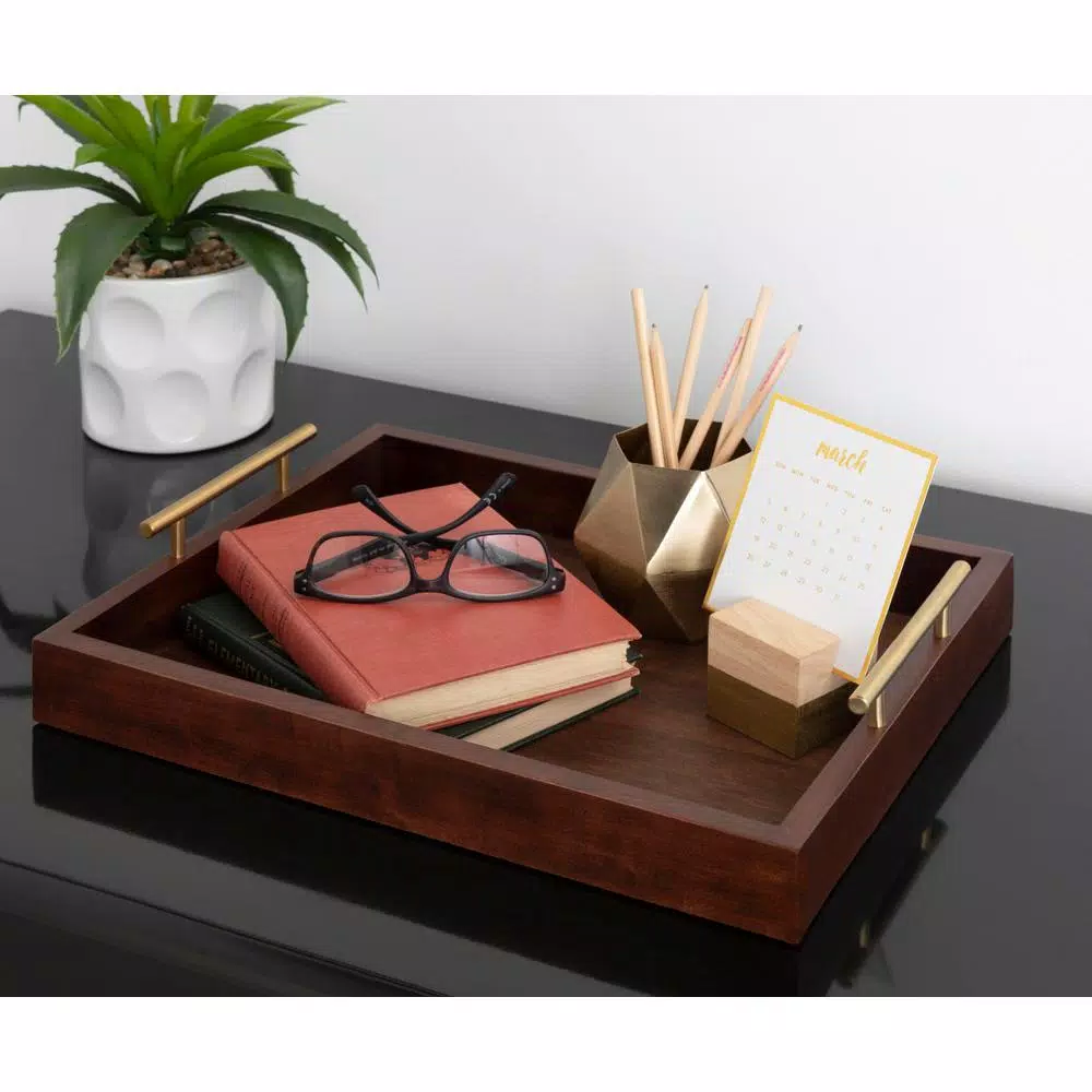 Kate and Laurel Lipton 16 in. x 12 in. Walnut Brown Decorative Wood Tray with Gold Metal Handles