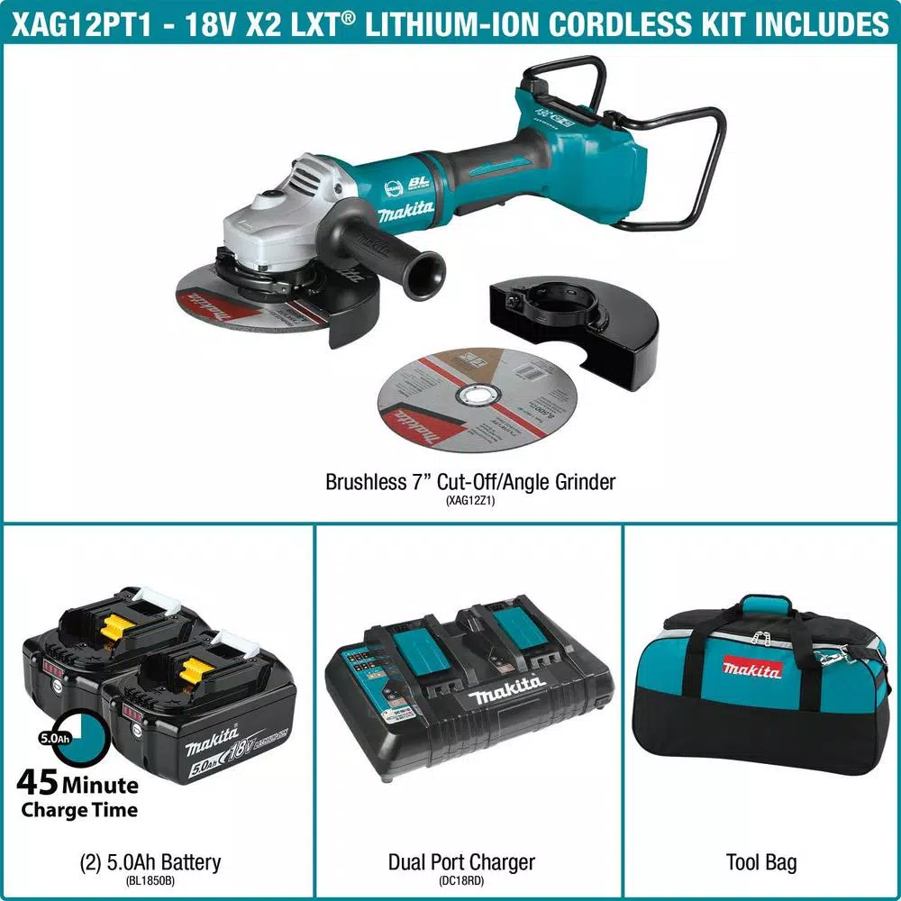Makita 18V LXT Brushless 4-1/2" Angle Grinder Kit with (2) 5.0Ah Batteries and Charger
