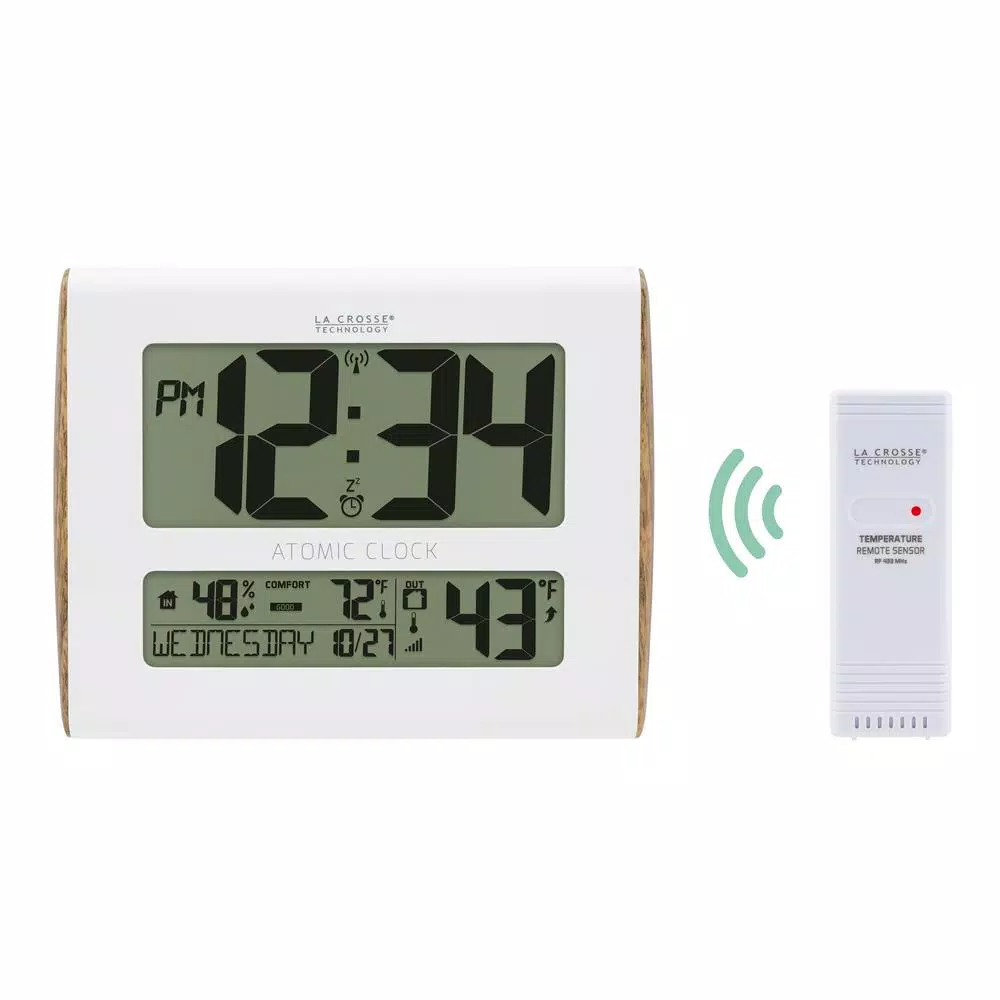 La Crosse Technology Digital Atomic Faux Wood Sided Wall Clock with Indoor/Outdoor Temperature and Humidity