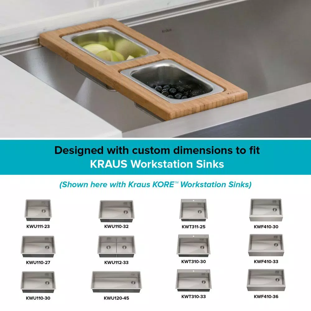 Kraus Workstation Kitchen Sink Bamboo Serving Board Set with 2 Stainless Steel Prep Bowls