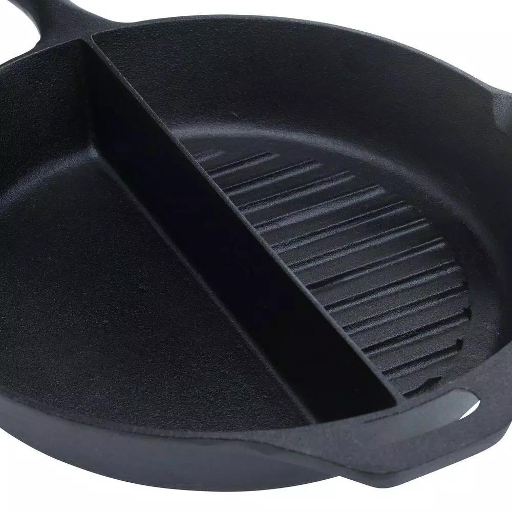 Basic Essentials 13.5 in. Cast Iron Round 2-Section Pre-Seasoned Grill/Griddle with Assist Handle
