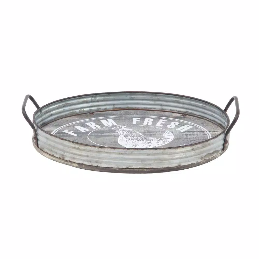 LITTON LANE Distressed Silver Galvanized Iron Decorative Trays with Handles, Set of 2