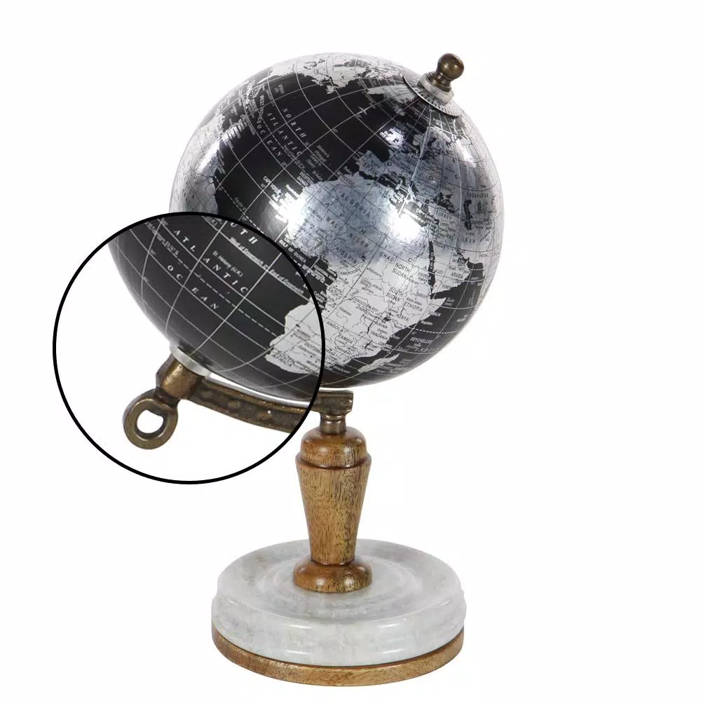 LITTON LANE Modern Reflections 10 in. Decorative Black and Silver Globe with Marble and Mango Wood Base