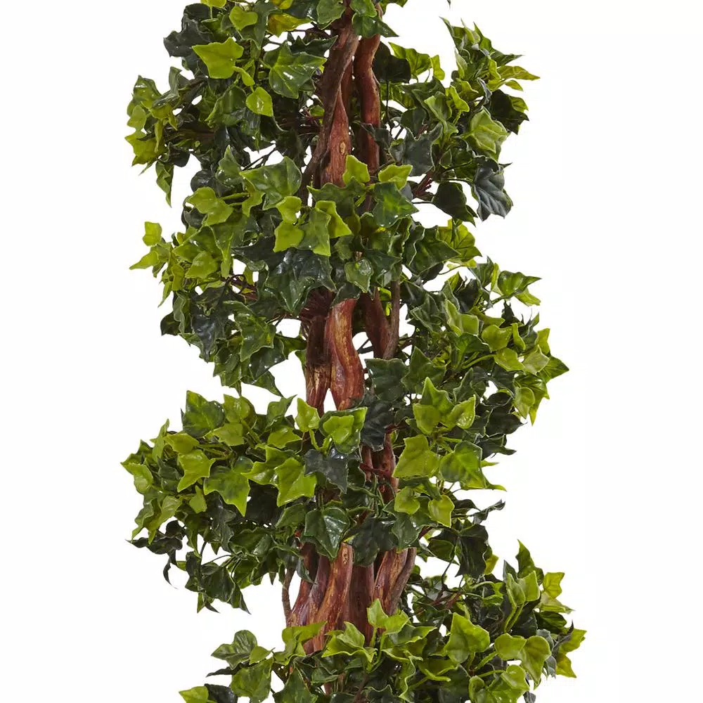 Nearly Natural 5 ft. Artificial English Ivy Spiral Topiary Tree in Gray Cylinder Planter, UV Resistant