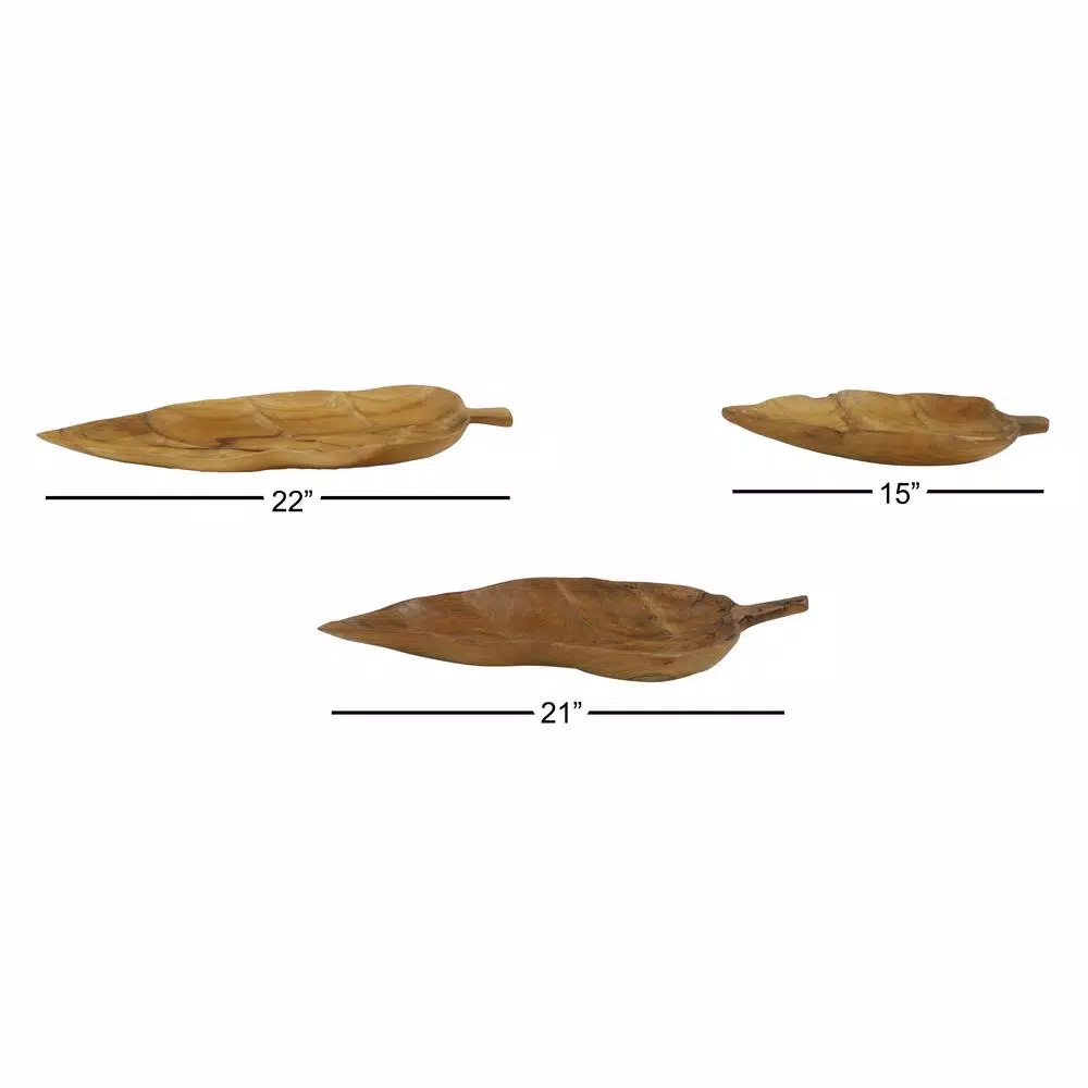 LITTON LANE Large Rustic Leaf-Shaped Natural Teak Wood Serving Trays, Set of 3