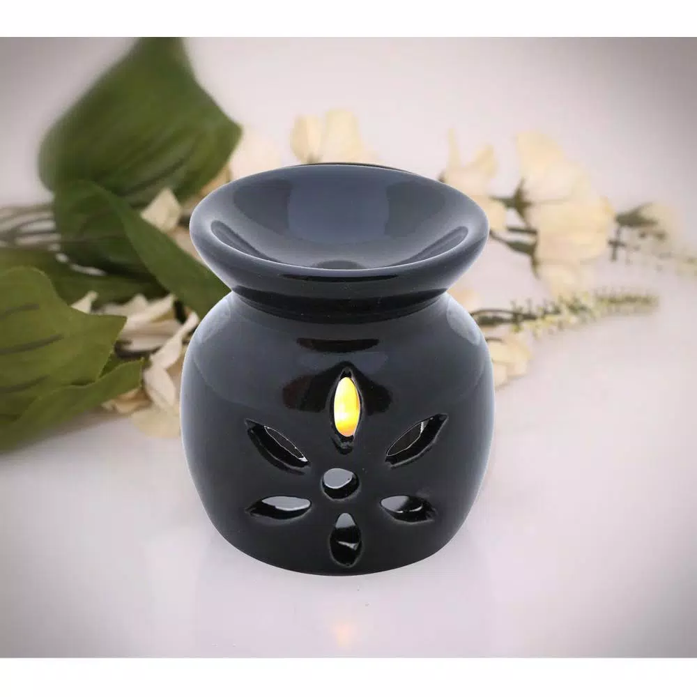 Benzara Black Handmade Ceramic Oil Diffuser and Warmer with Leaf Cutout Design