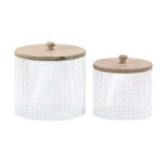 LITTON LANE White Iron Mesh Round Canisters with Wooden Lids, Set of 2 thumbnail 1