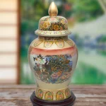 Unbranded Oriental Furniture 18 in. Rose Medallion Satsuma Peacock Porcelain Temple Jar thumbnail 1