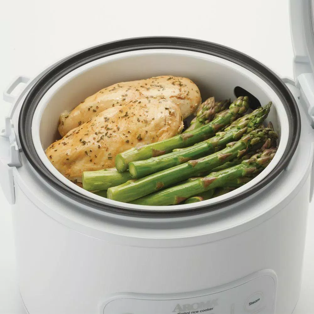 Aroma 8-Cup Digital Rice Cooker and Food Steamer, White with Black Control Panel