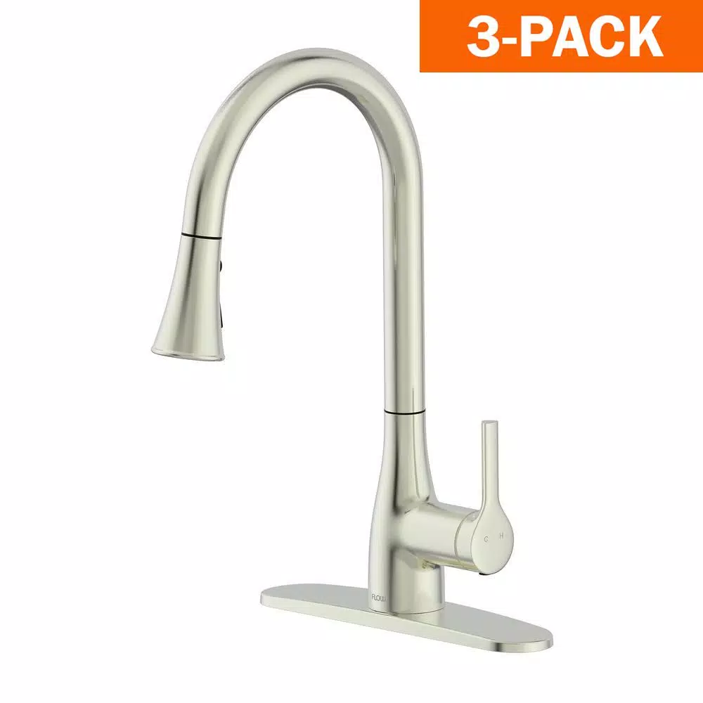 FLOW Series Classic Single-Handle Pull Down Kitchen Faucet, Brushed Nickel (3-Pack)