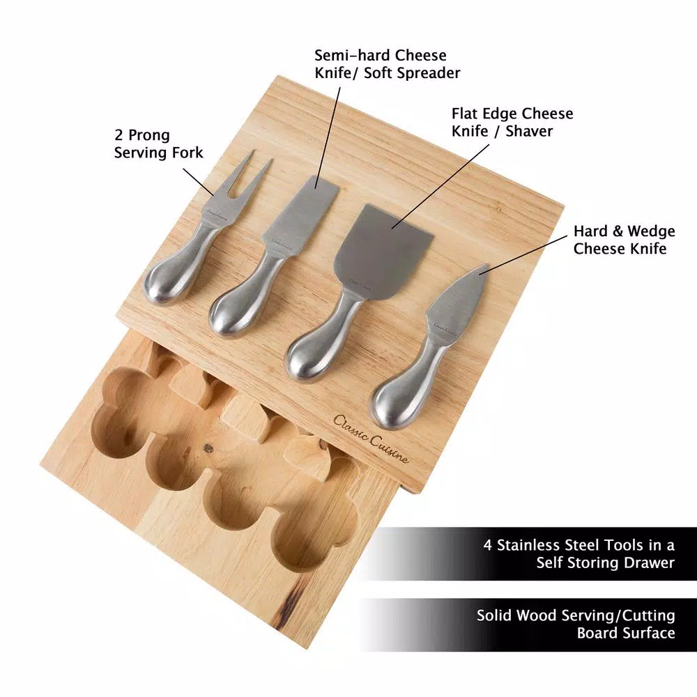 Classic Cuisine 5-Piece Wooden Cheese Board Set with Stainless Steel Tools