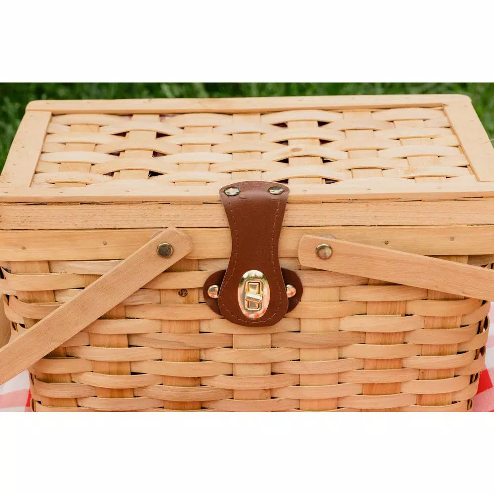 Vintiquewise Piccadilly Willow Picnic Basket with Red and White Gingham Lining and Folding Handles