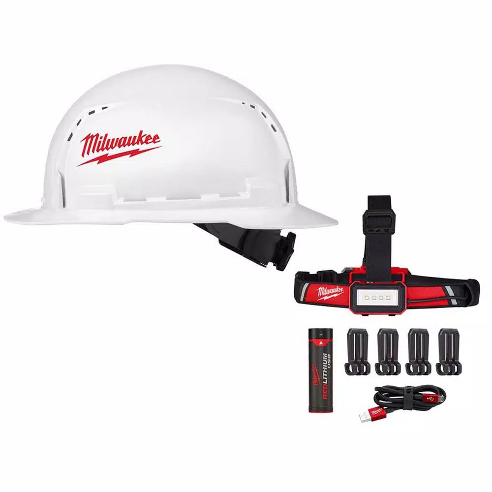 Milwaukee 600 Lumen USB Rechargeable Low-Profile LED Headlamp with BOLT White Type 1 Class C Hard Hat Bundle