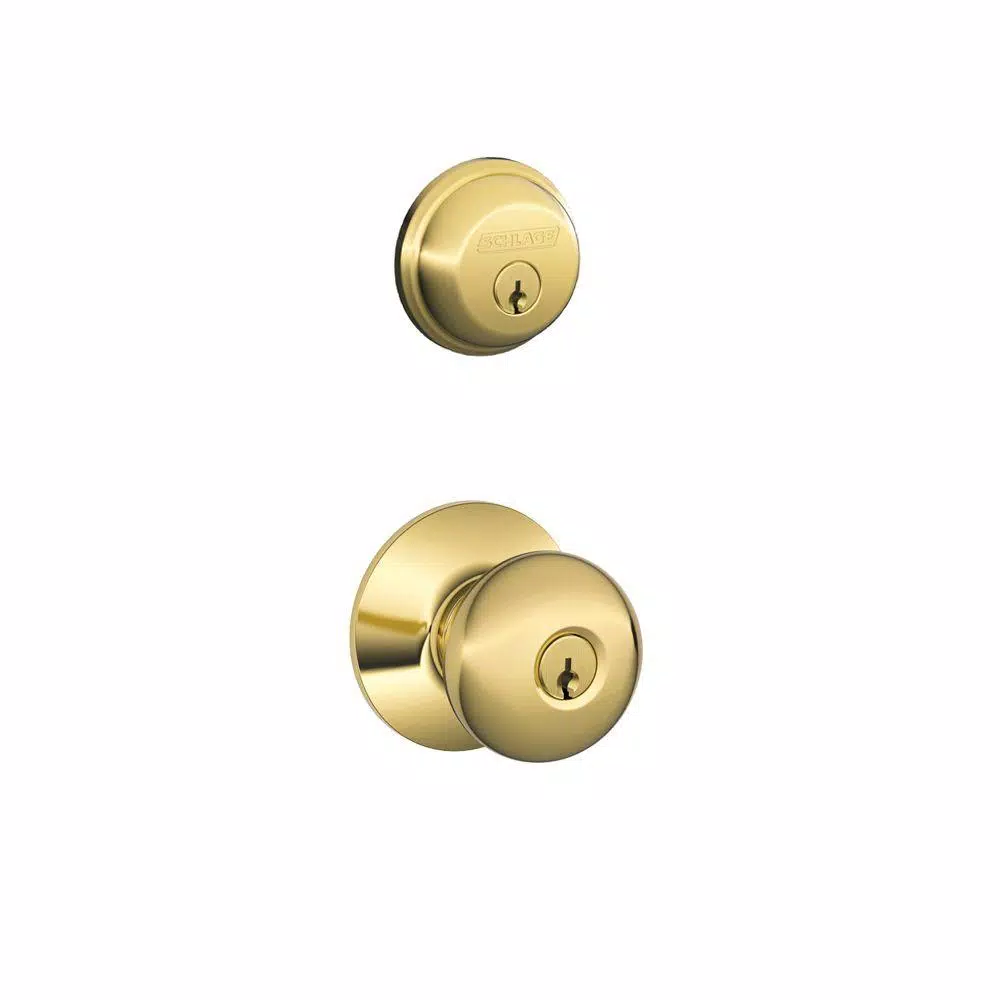 Schlage Plymouth Double Cylinder Deadbolt and Entry Door Knob Combo Pack, Bright Brass