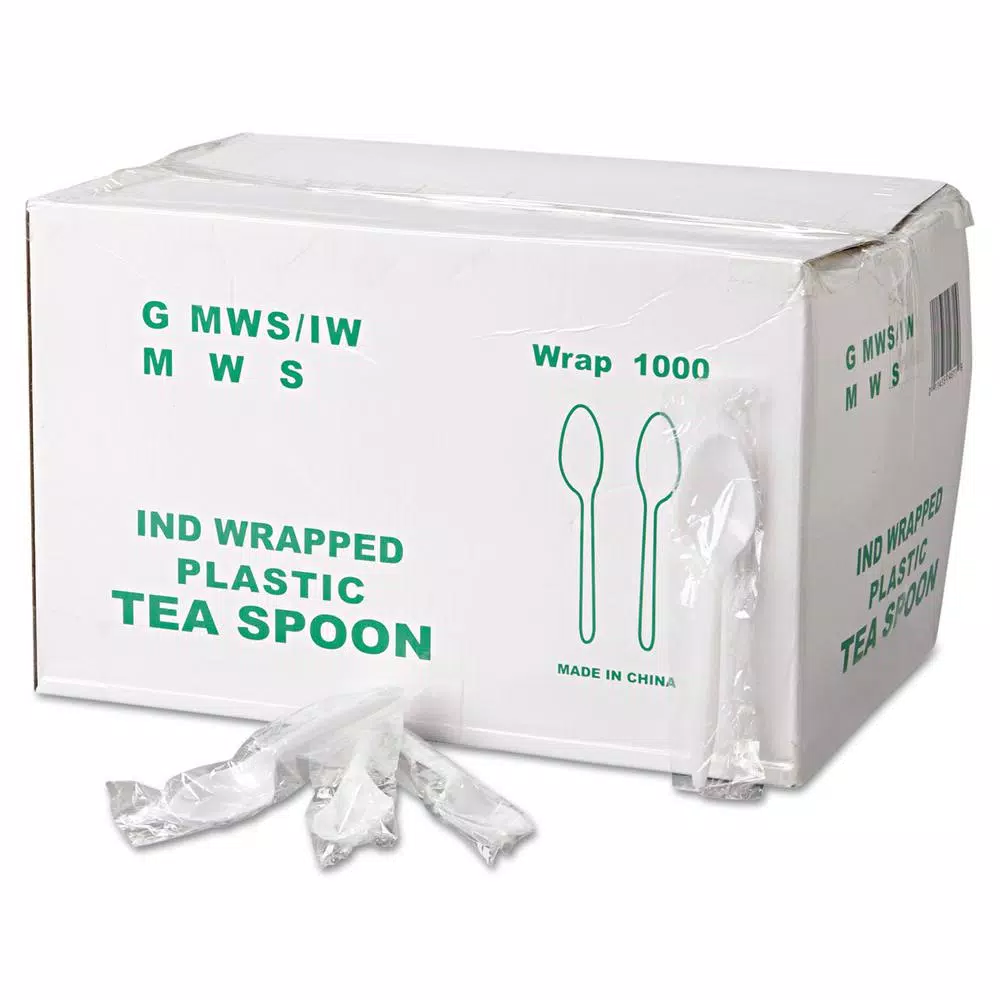 GEN White Plastic Wrapped Teaspoons, Mediumweight (1000 Count Case)
