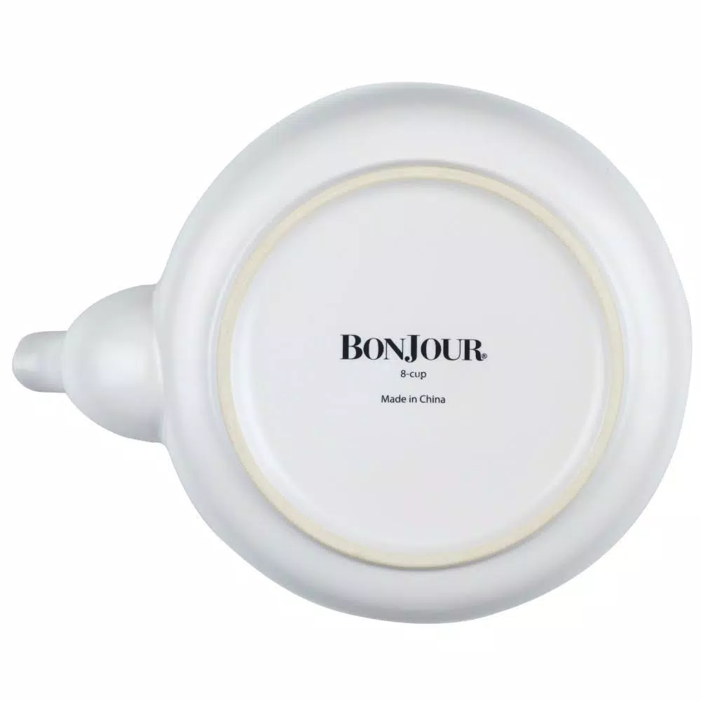 BonJour Wayfarer 4-Cup Matte White Ceramic Teapot with Stainless Steel Infuser and Teak Wood Accents