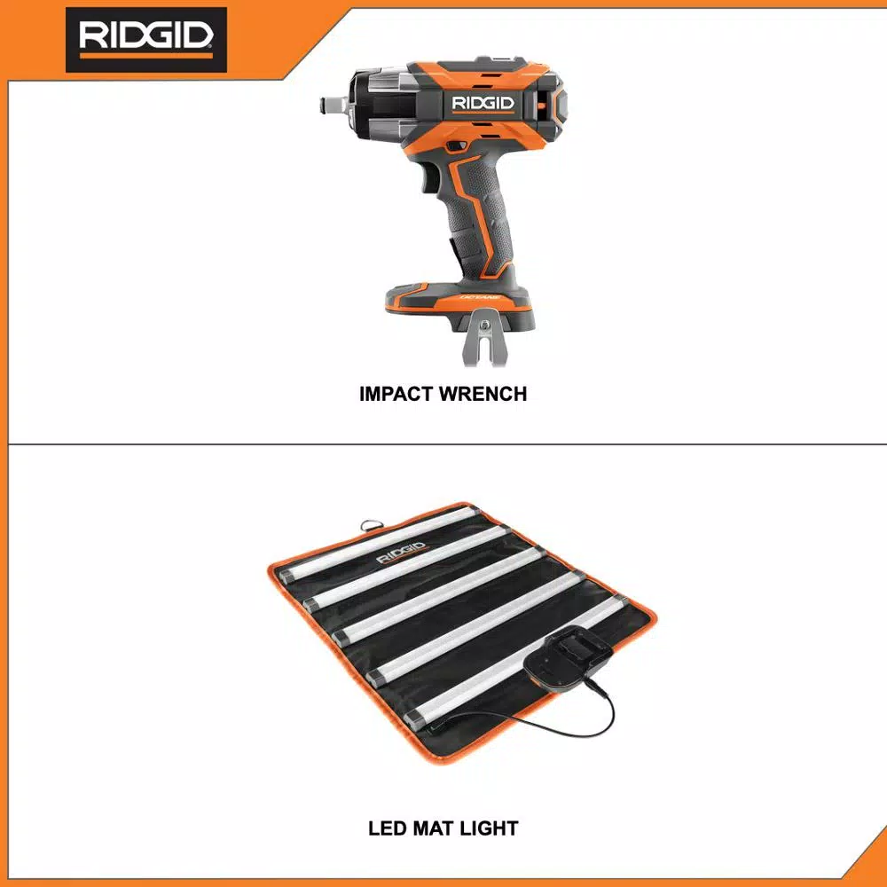 RIDGID 18V OCTANE Brushless 1/2 in. Impact Wrench and LED Mat Light Kit, Tool Only