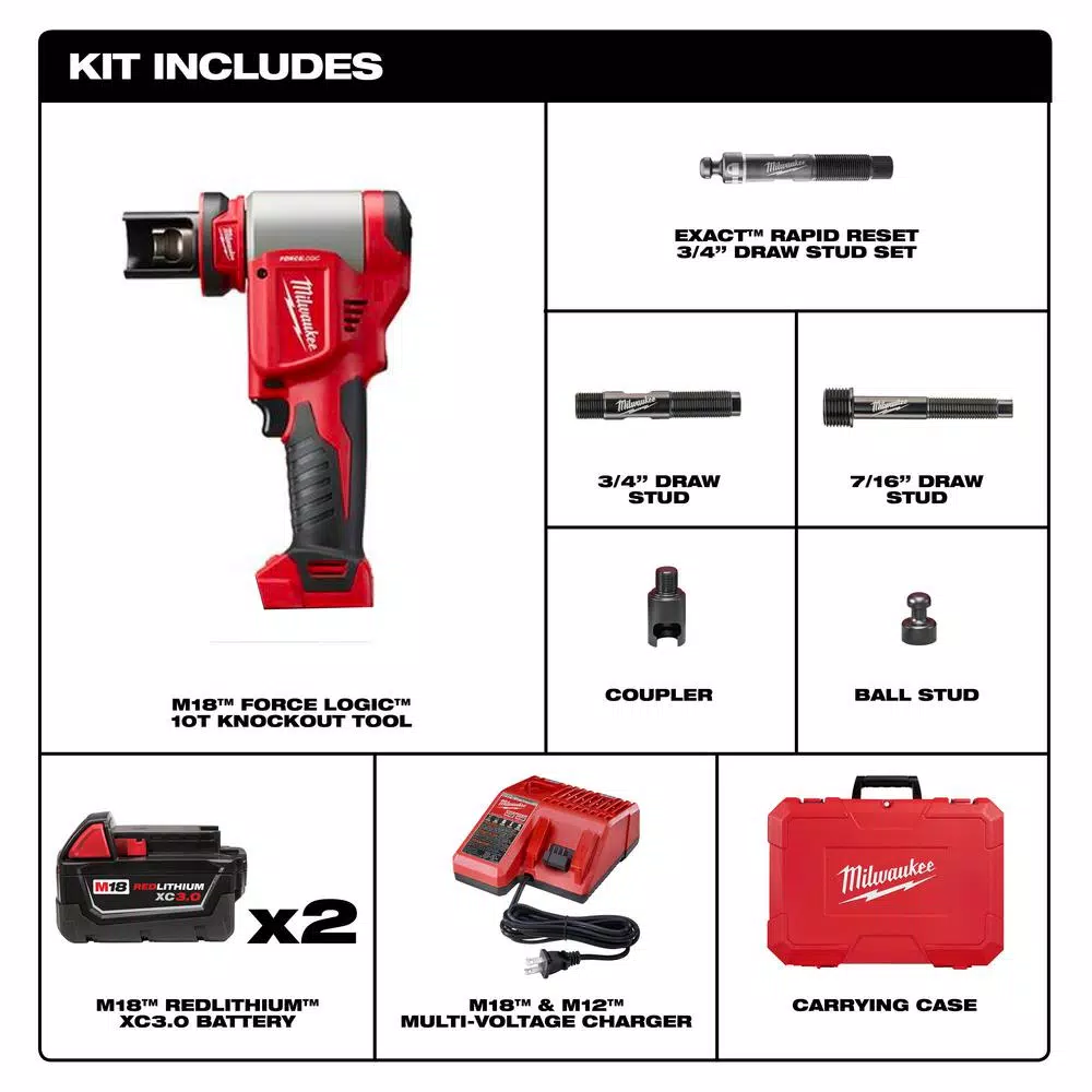 Milwaukee M18 FORCE LOGIC 10 Ton Cordless Knockout Kit with (2) 3.0Ah Batteries & Charger