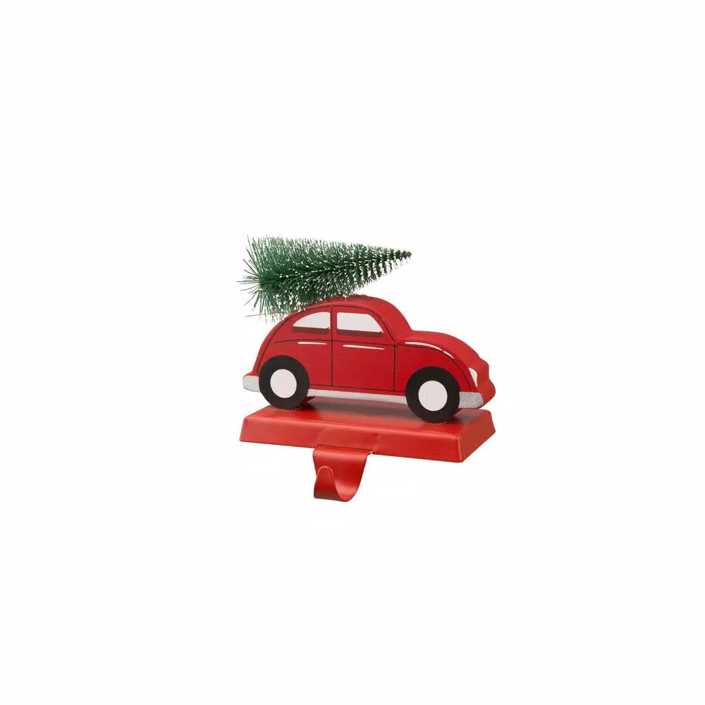 Glitzhome Red Car Wooden and Metal Christmas Stocking Holder - Travel Theme Holiday Decor