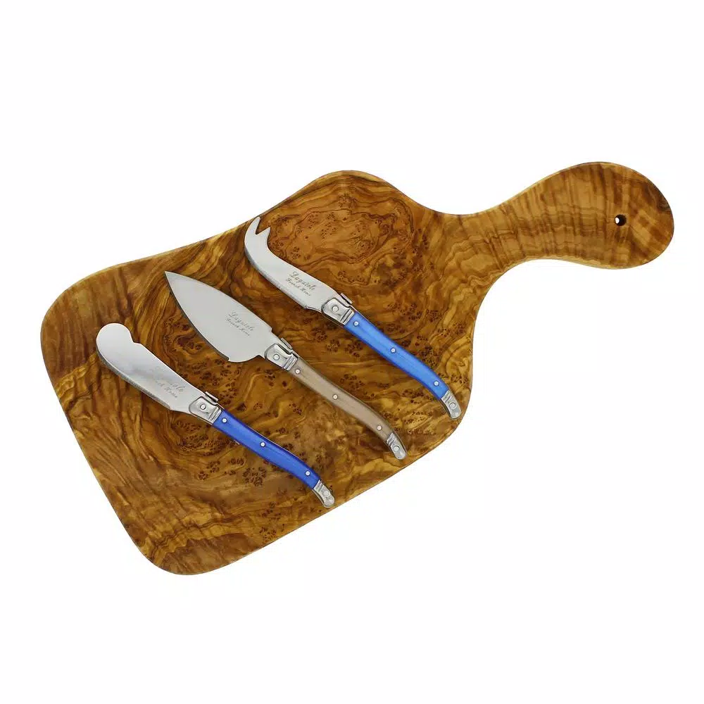 Unbranded 14 in. Olive Wood Cheese Board Set with 3 Laguiole Cheese Knives