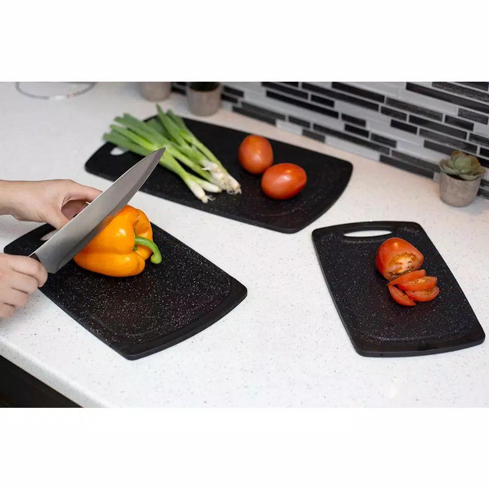 Unbranded 3-Piece Granite Look Plastic Cutting Board Set with Non-Slip Rubber Sides and Deep Juice Grooves, Black