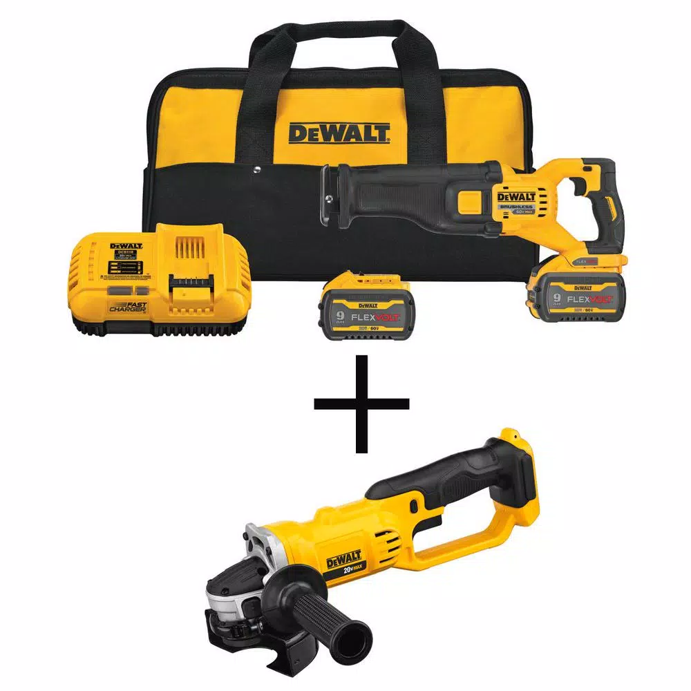 DEWALT FLEXVOLT 60V MAX Cordless Brushless Reciprocating Saw Kit with (2) 9.0Ah Batteries & 4-1/2 in. Grinder