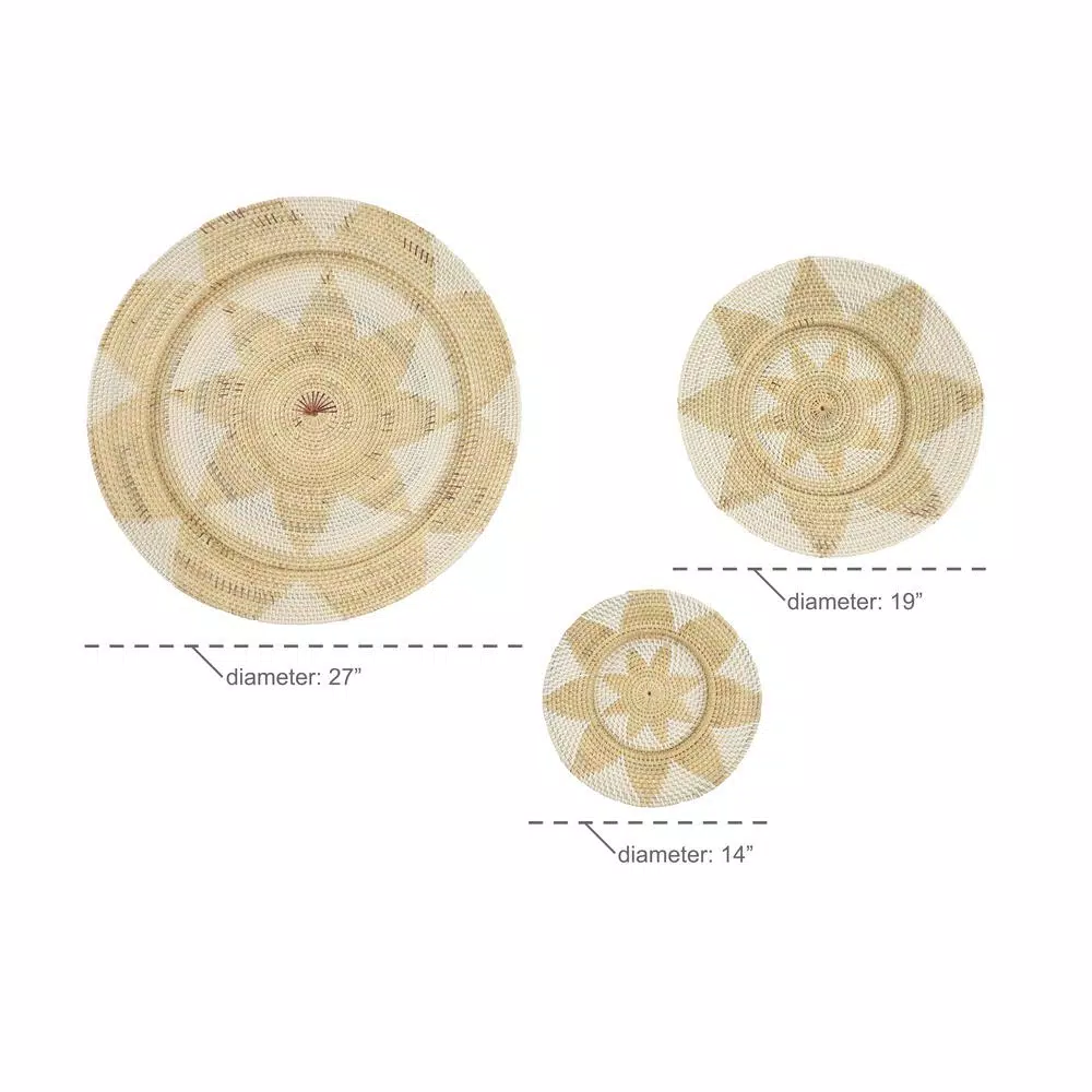 LITTON LANE Set of 3 Round Palm Wicker Basket Wall Trays - Beige and White Floral Star Design