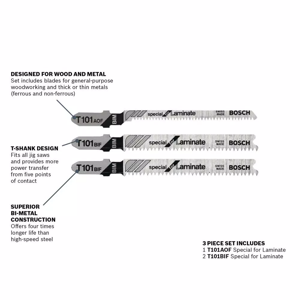 Bosch Bi-Metal T-Shank Jig Saw Blade Assortment for Laminate Flooring and Plywood, 3-Pack
