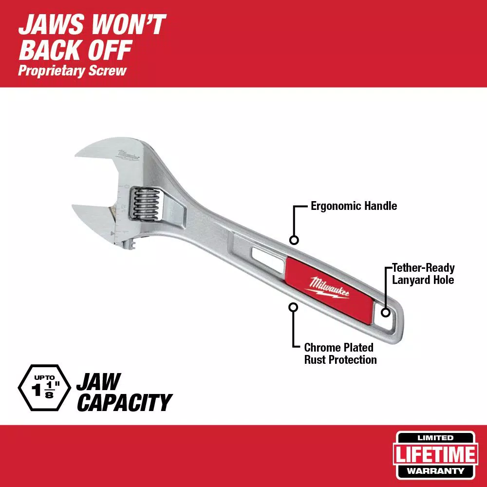 Milwaukee 8 in. Adjustable Wrench, Parallel Jaw, Chrome Plated