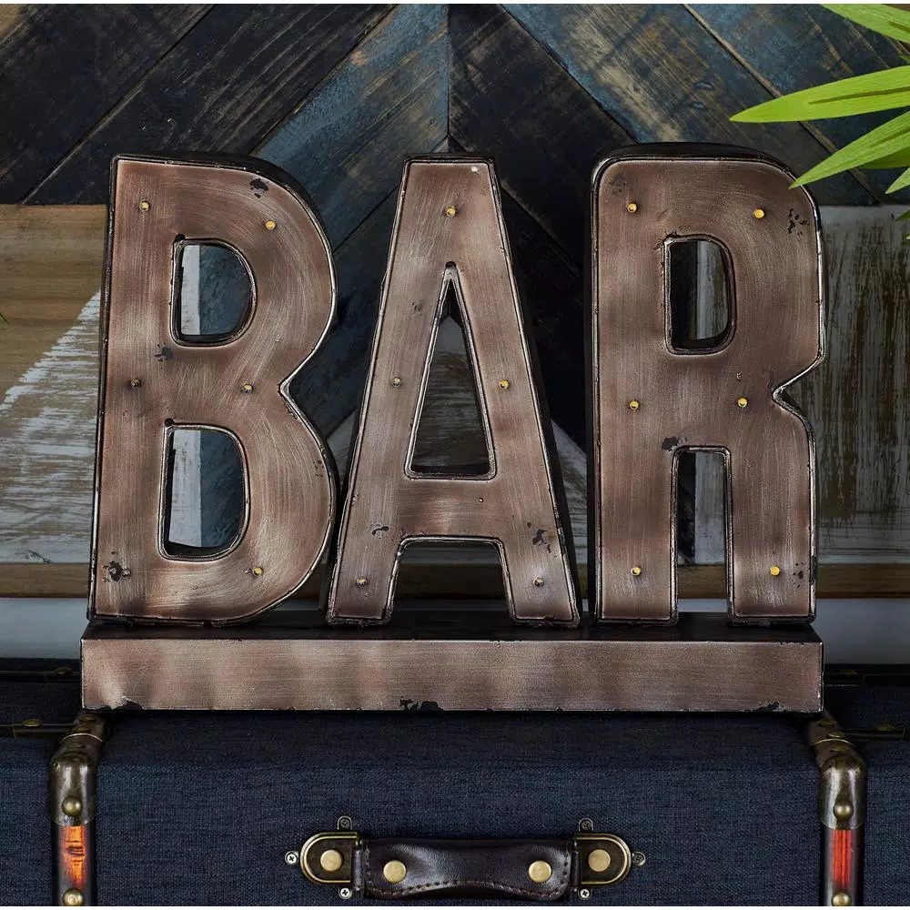 LITTON LANE Gray Bar Marquee LED Lighted Sign - Industrial Gunmetal Gray Metal Tabletop Decor