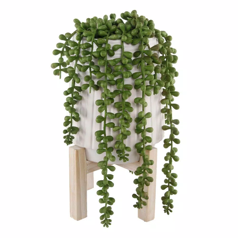 Flora Bunda 10 in. Faux Donkey Tail Succulent in White Ceramic Planter with Wood Stand