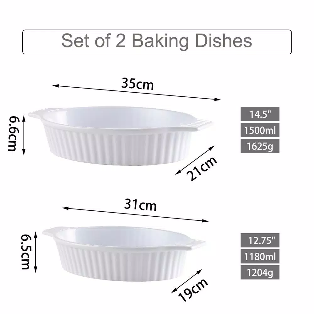 MALACASA 2-Piece White Oval Porcelain Bakeware Set, 12.75 in. and 14.5 in. Ceramic Baking Dishes