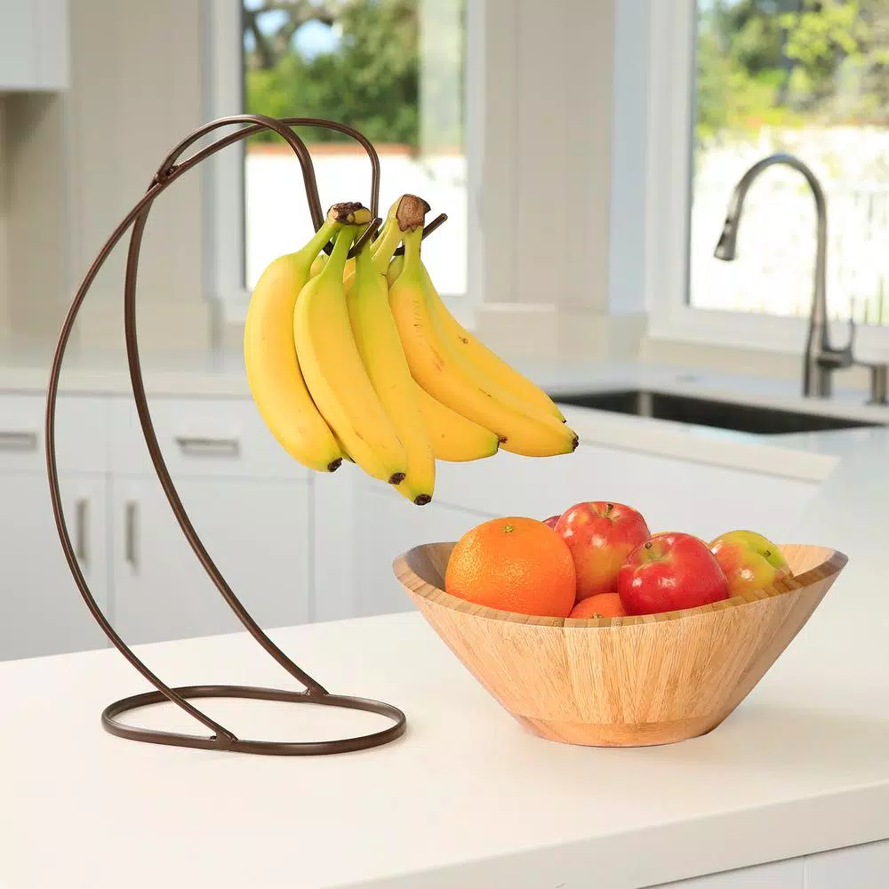 Seville Classics Bamboo Fruit Bowl with Steel Wire Banana Tree Holder