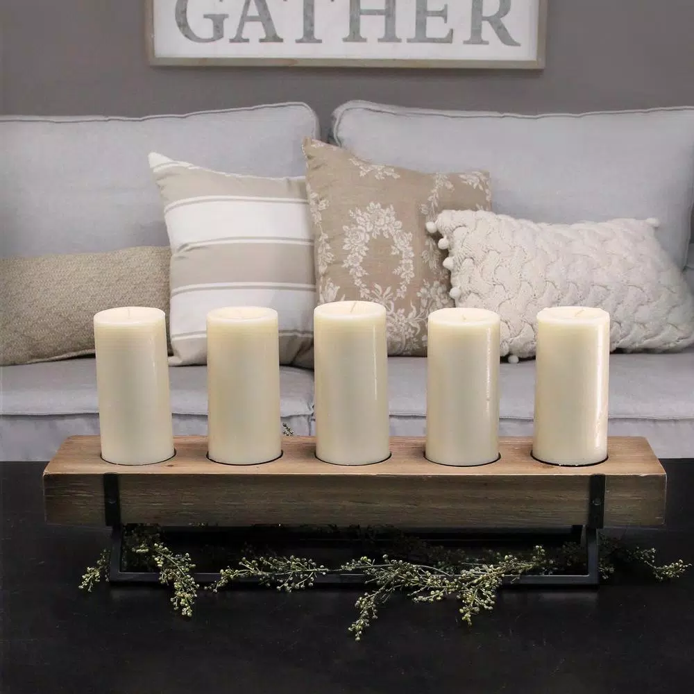Stratton Home Decor Rustic 5-Candle Holder Centerpiece, Natural Wood and Black Metal